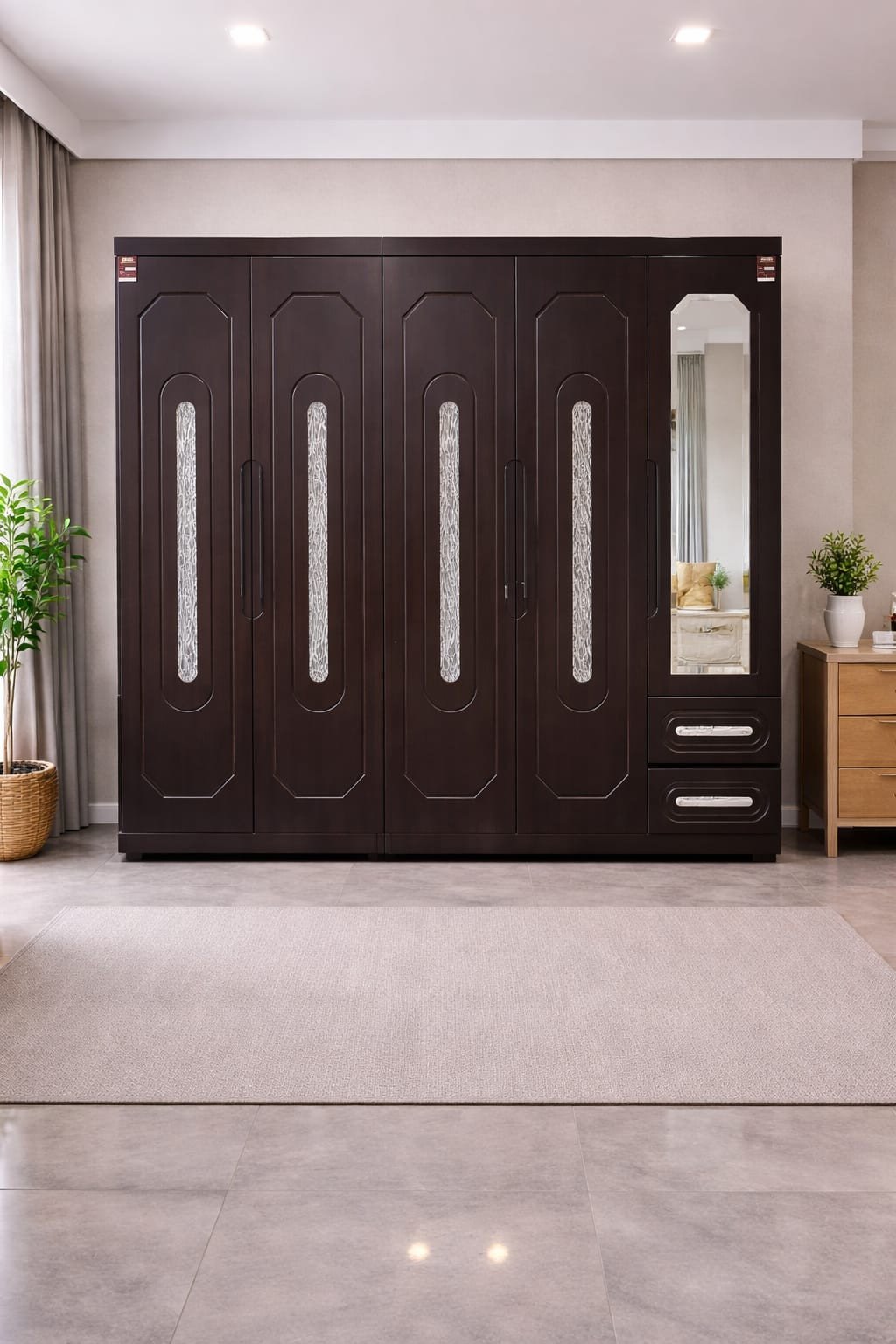 Elite 5-Door Dark Walnut Wardrobe with Frosted Glass Accents