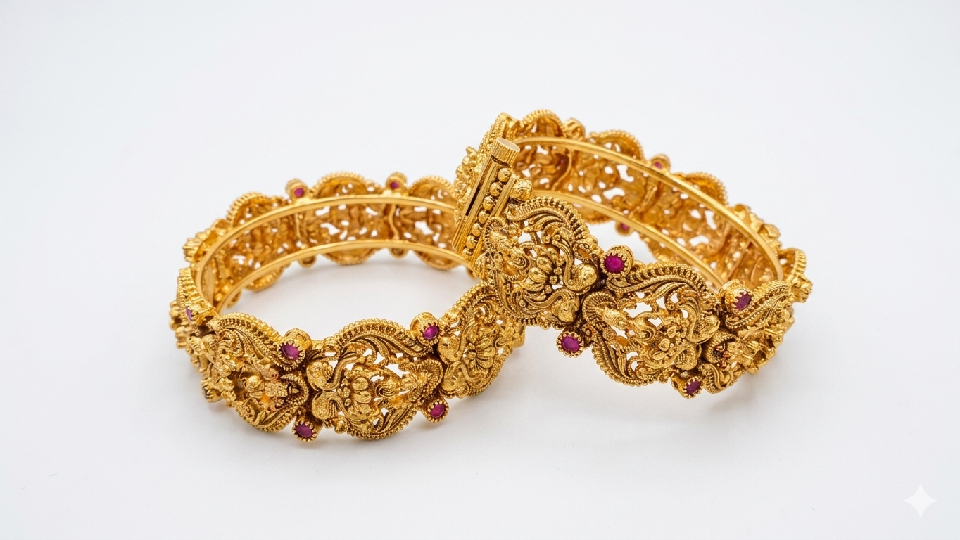 set of antique-finish gold-plated temple jewelry bangles