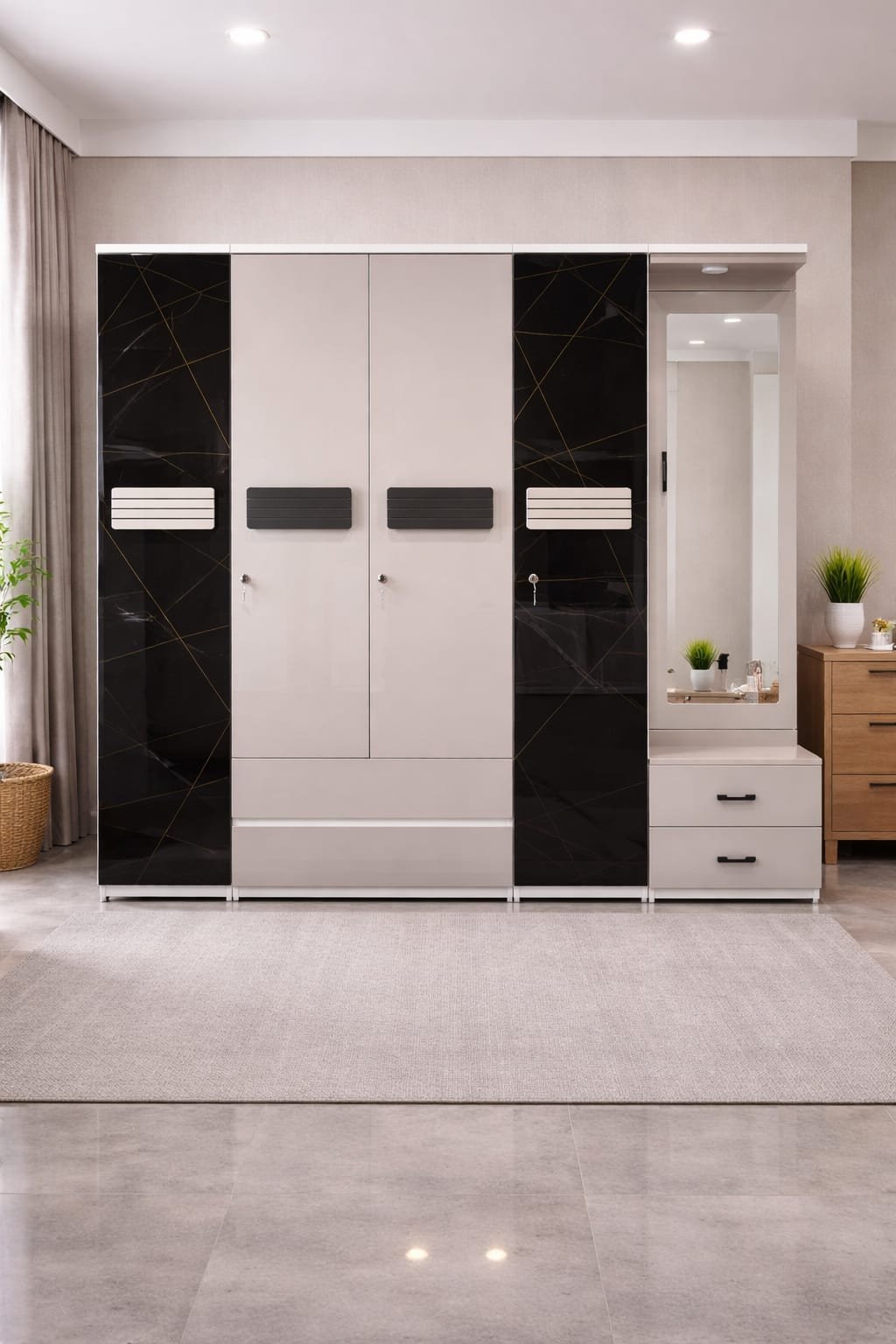 Luxe Geometric 5-Door Wardrobe with Integrated Vanity