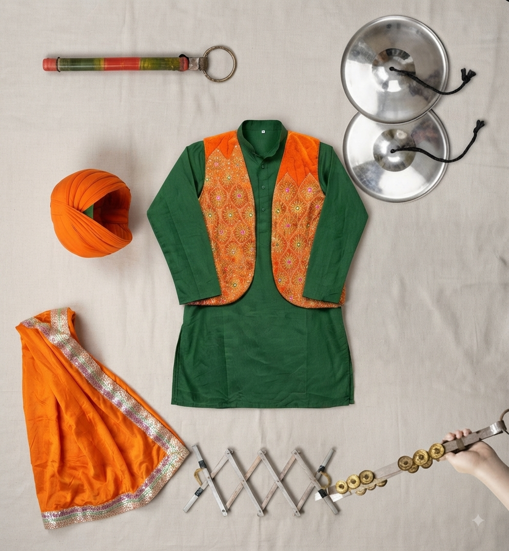 Traditional Punjabi Bhangra Performance Costume Set with Instruments