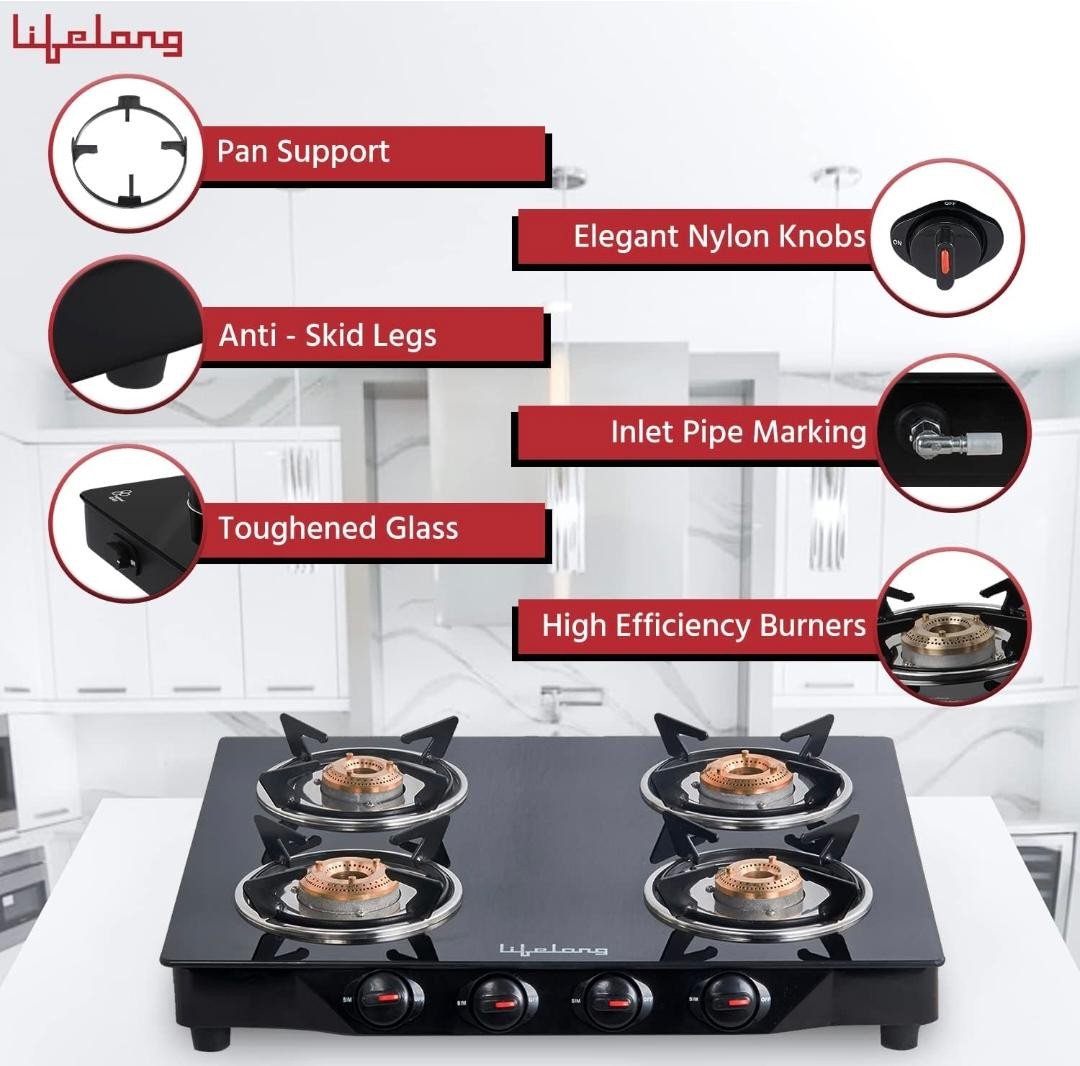 Lifelong Glass Top Gas Stove, 4 Burner Gas Stove