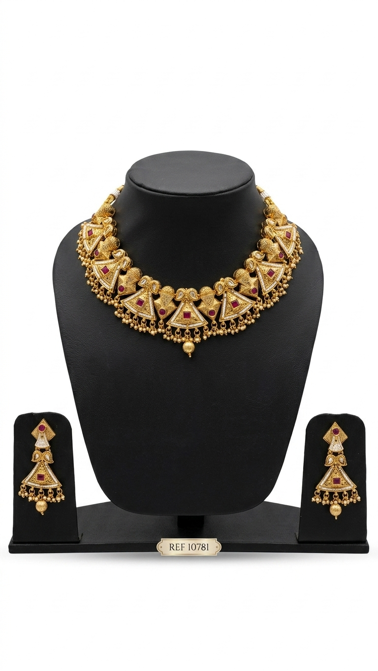 Antique Gold Choker Set with Ruby & Pearl Accents