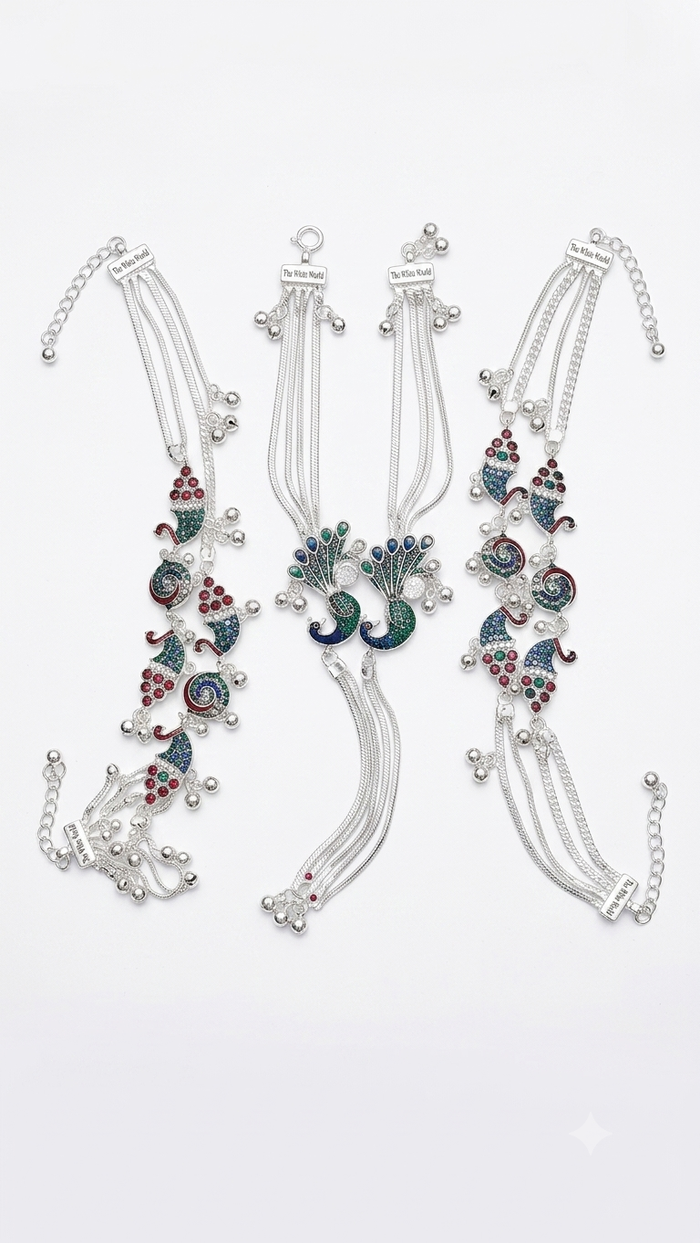 Peacock and Ganesha Devotional Silver-Plated Anklet/Payal Set
