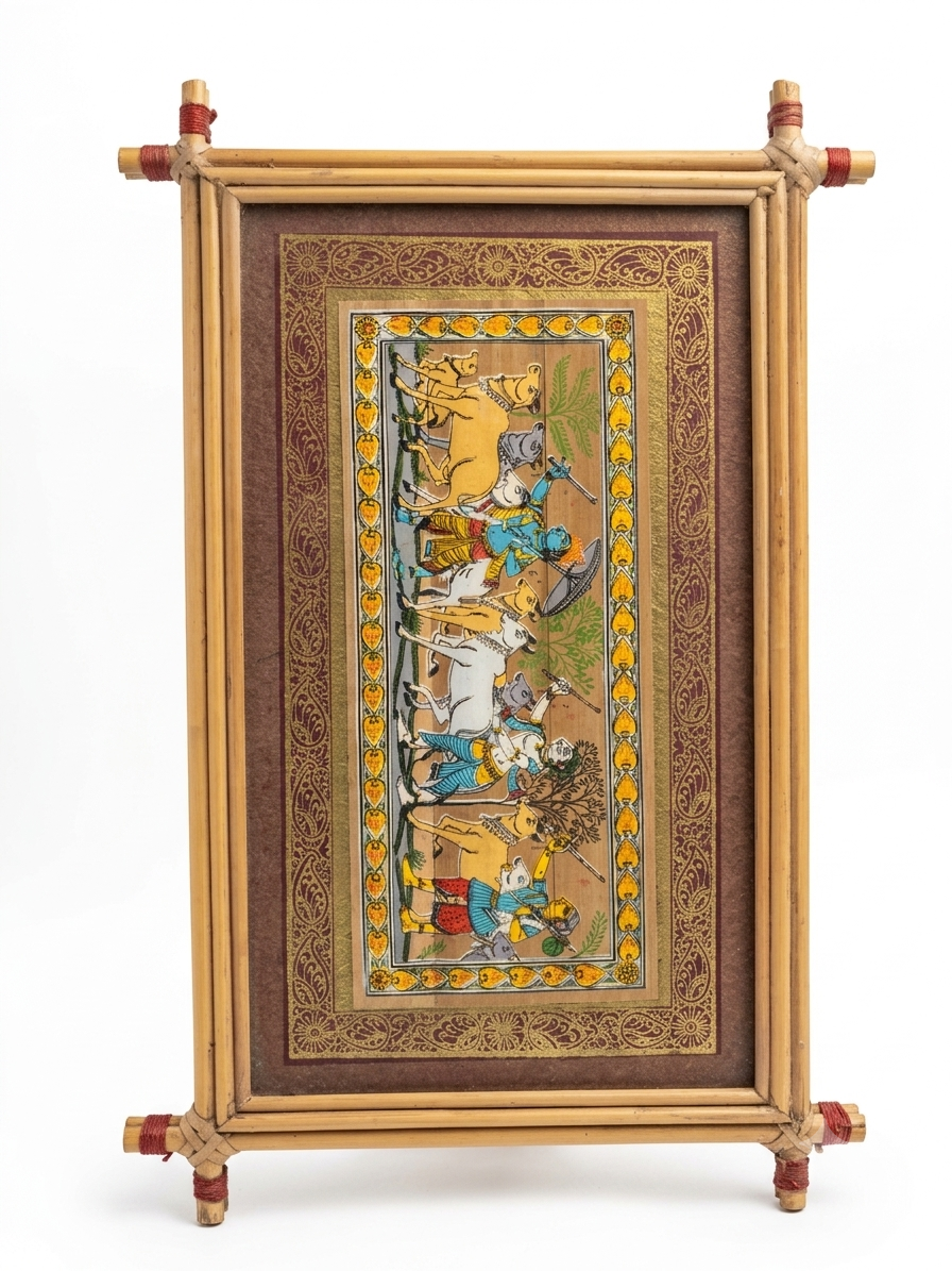 Traditional Orissan Pattachitra Painting – Procession of Krishna and Gopas with Cows