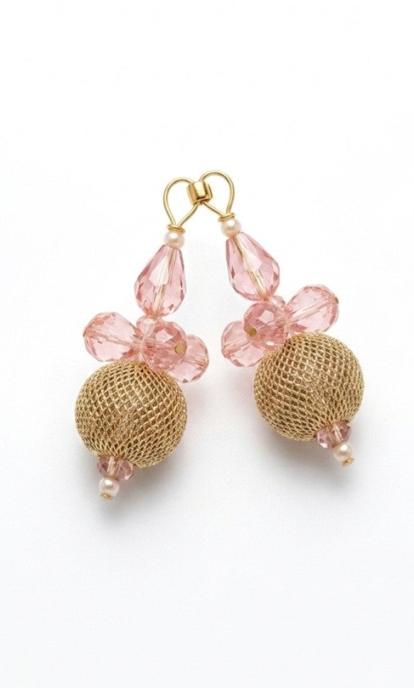 Decorative Pink Crystal and Gold Mesh Latkan (Tassel) Pair
