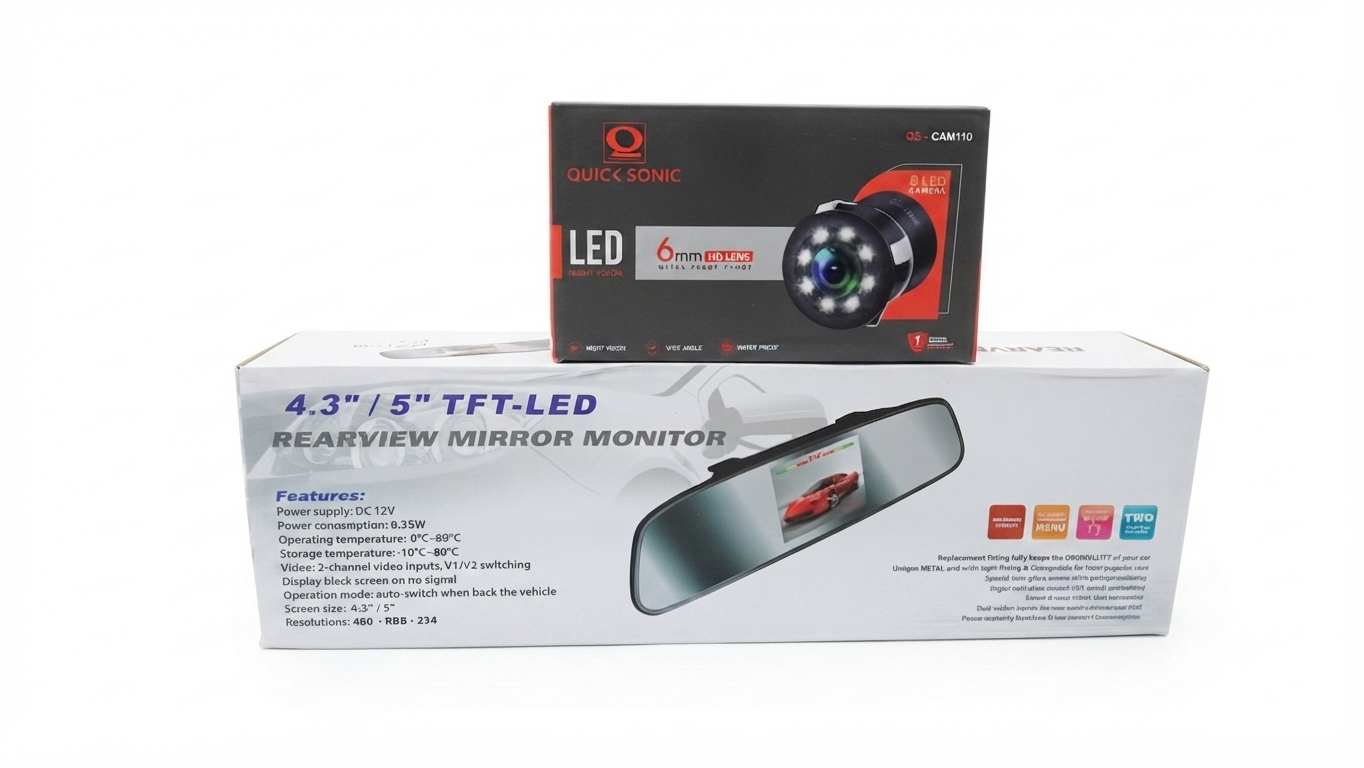Quick Sonic QS-CAM110 LED Car Camera and 4.3"/5" TFT-LED Rearview Mirror Monitor Packaging Set