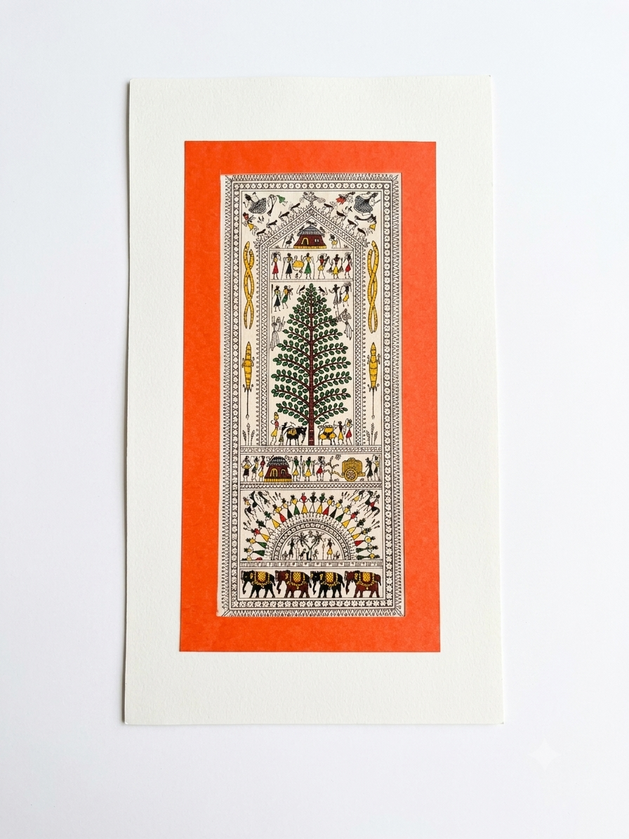 Traditional Warli Folk Art: Narrative "Tree of Life" Panel