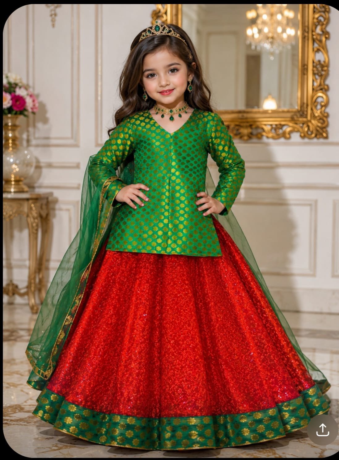 Kids Traditional Green and Red Brocade and Net Lehenga Choli / Festive Dress (Available on Rent)