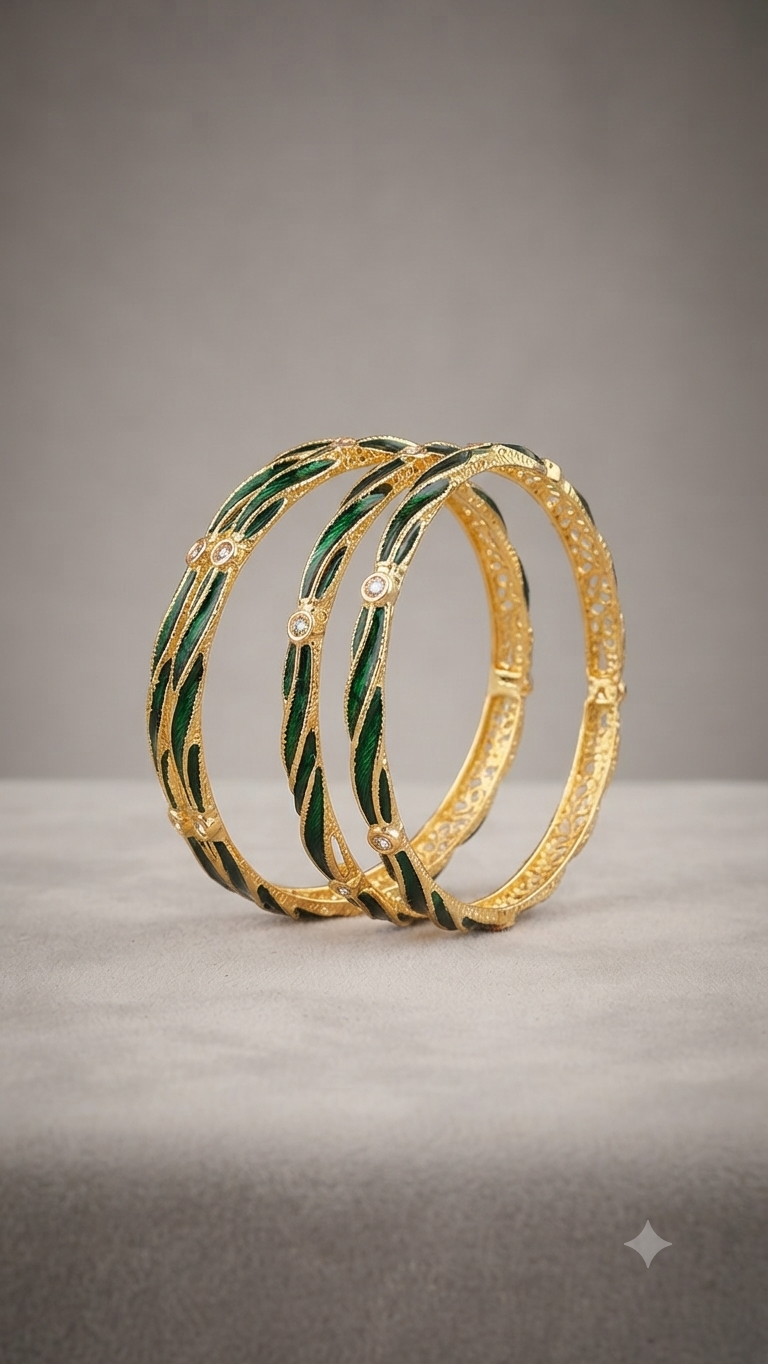 Regal Gold and Green Enamel Filigree Bangles
