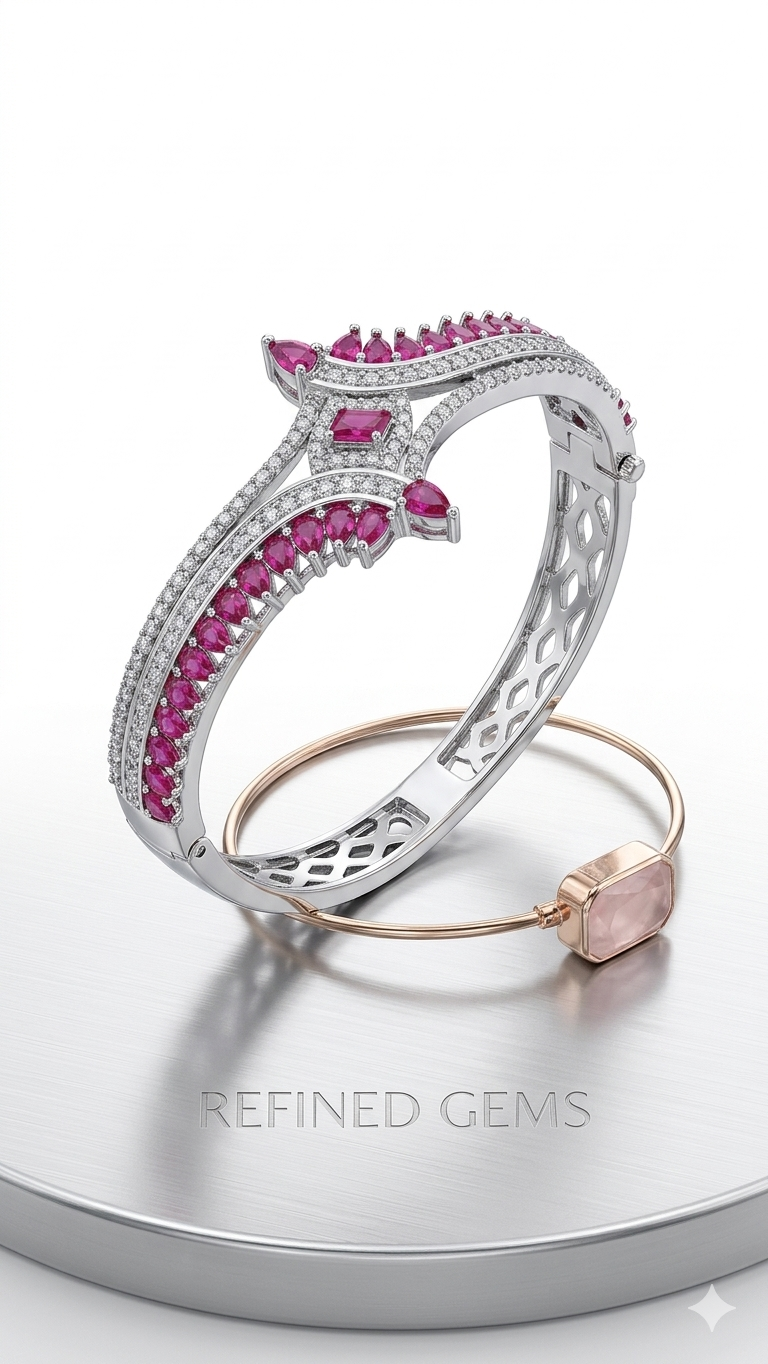 Ruby & Diamond V-Shape Cuff Bangle