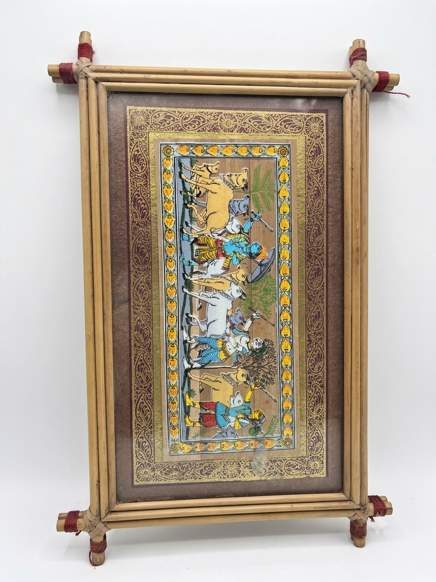 Traditional Bamboo-Framed Miniature Painting: Krishna and Cows