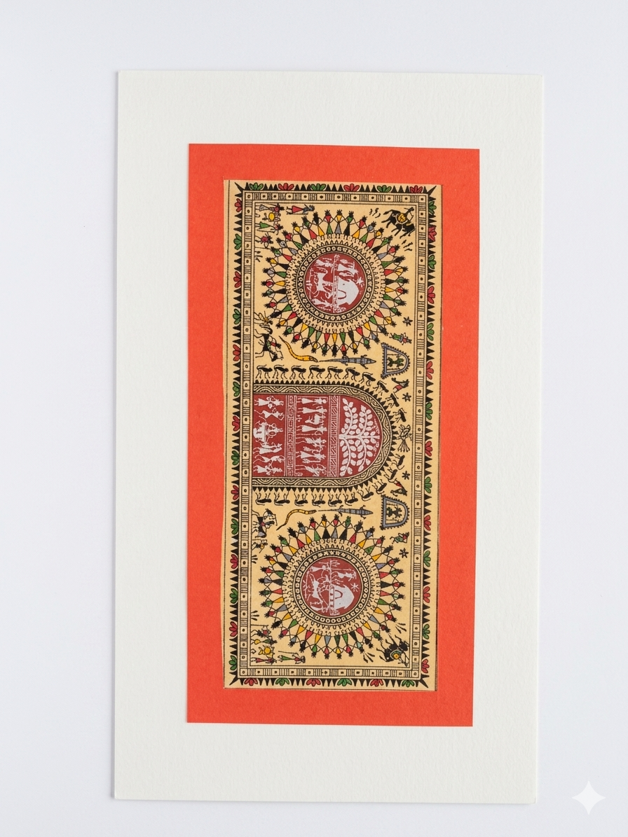 Traditional Madhubani Vertical Panel – Tribal Narrative and Mandala Design