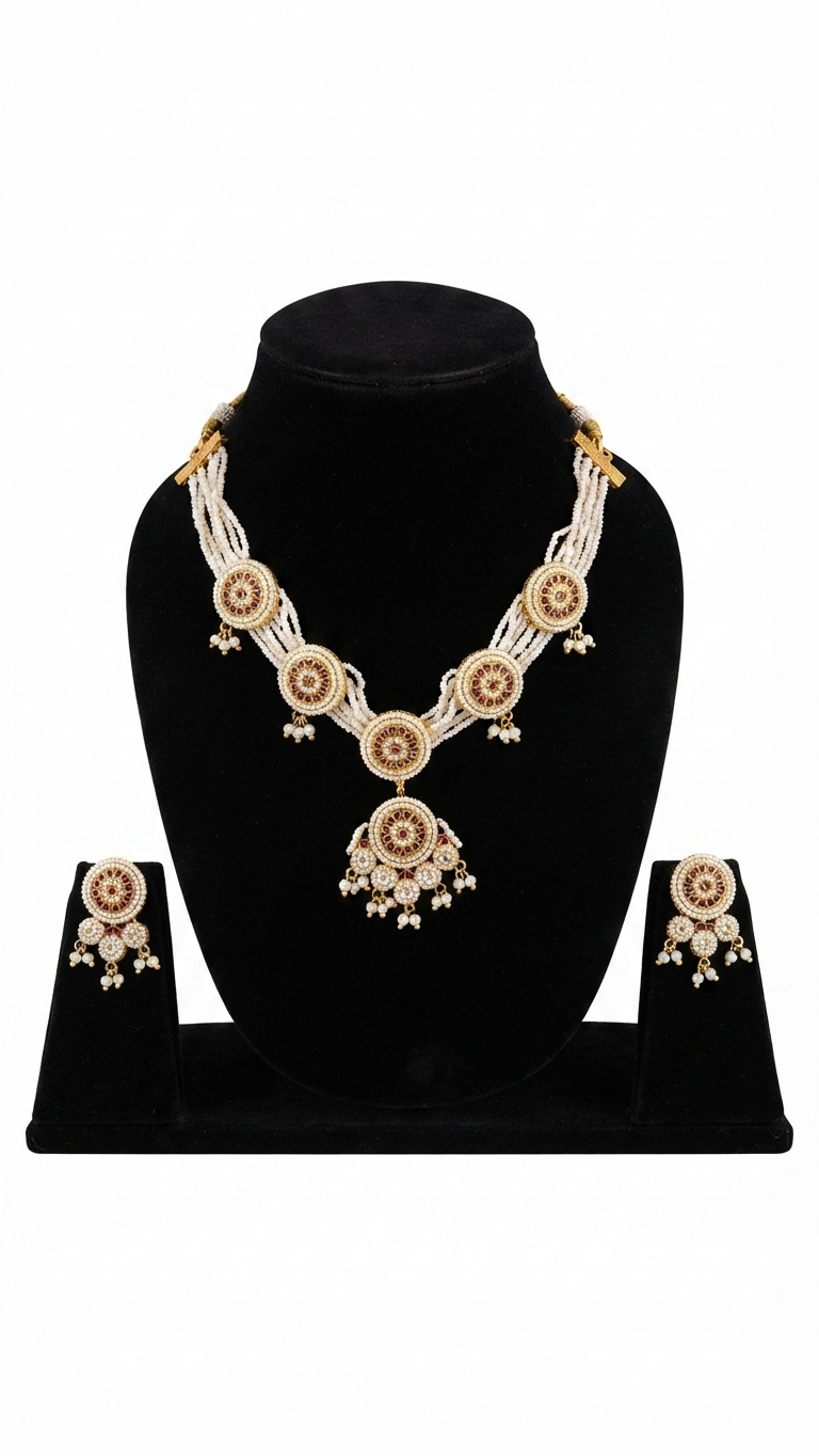 Multi-Strand Pearl and Kundan-Style Pendant Necklace Set with Matching Earrings