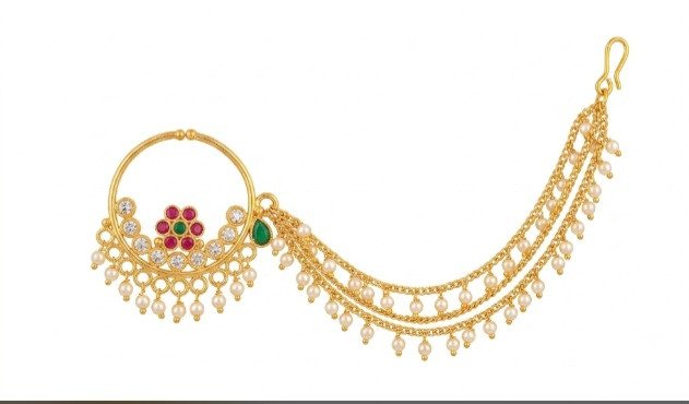 Elegant Pearl and Stone-Plated Nath with Beaded Chain