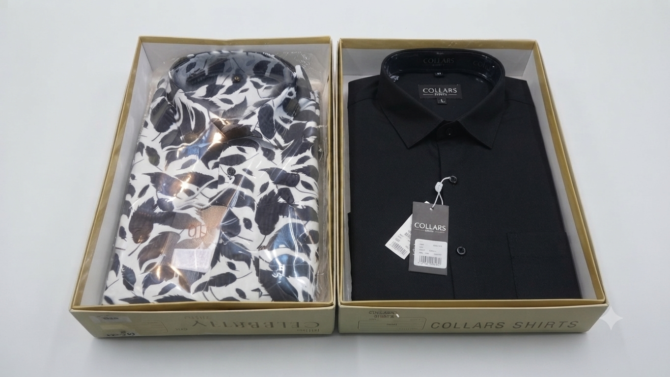 Men's Patterned Long-Sleeve Shirt by Celebrity and a Men's Black Formal Dress Shirt by Collars Shirts