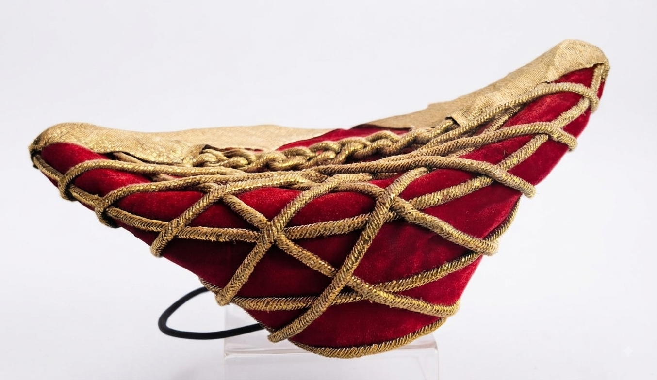 Traditional Red Velvet and Gold Cord Peaked Maval / Maratha Cap (Available on Rent)