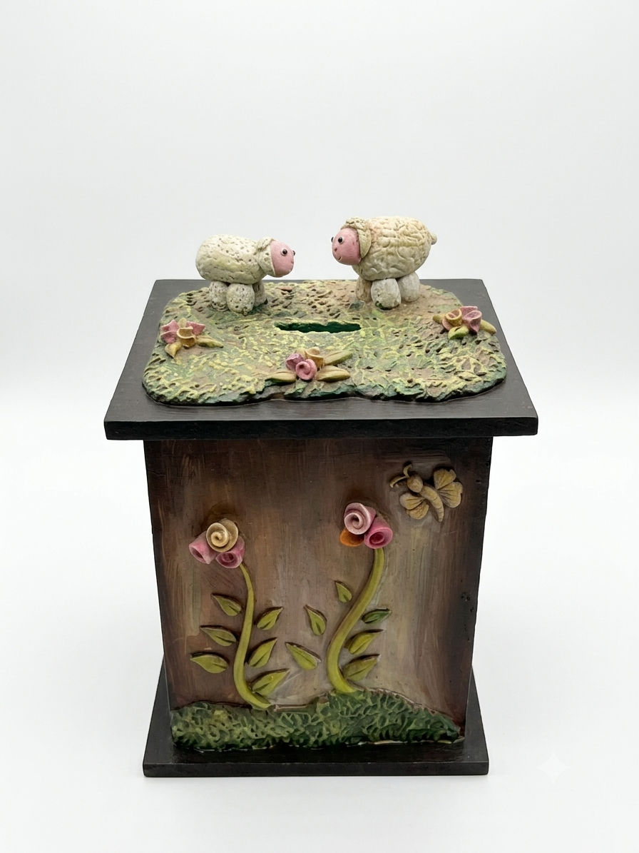 Decorative "Sheep in the Meadow" Wooden Money Bank