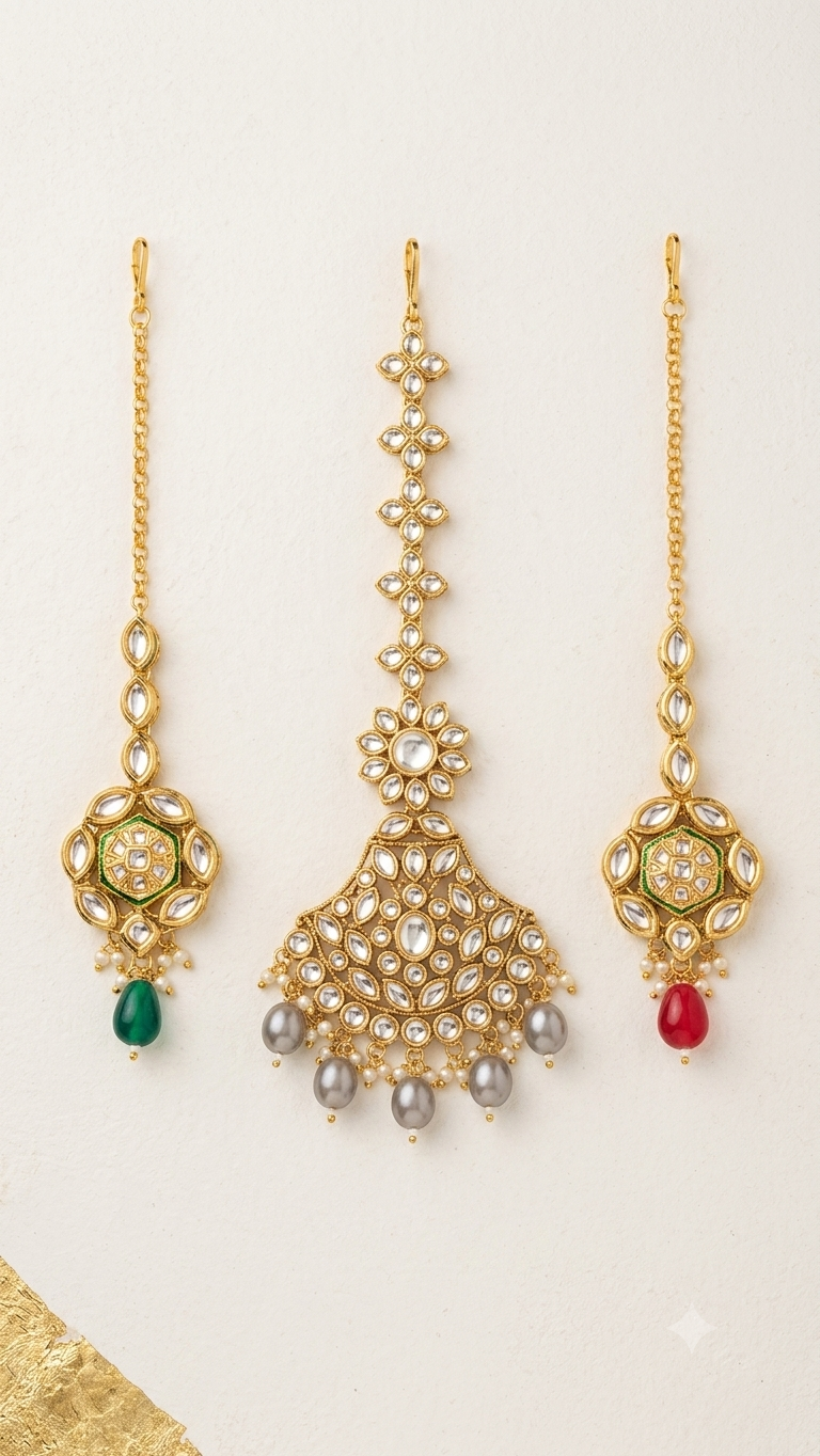 Kundan & Meenakari Maang Tikka Collection with Drop Beads