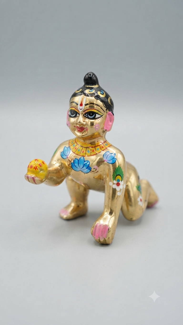 Hand-Painted Brass Crawling Laddu Gopal (Infant Krishna) Idol with Butter Ball