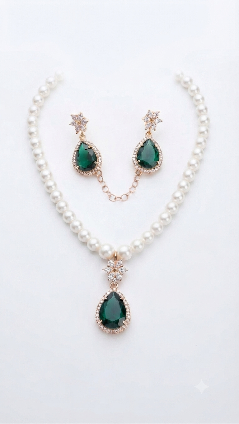 Emerald-Studded Pearl Necklace and Earrings Set