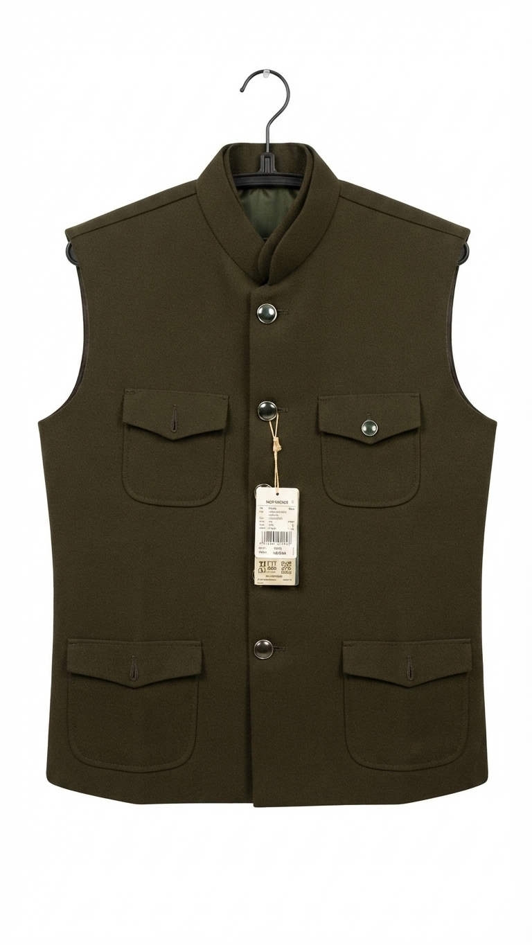 Men's Olive Green Nehru-Collar Safari-Style Waistcoat