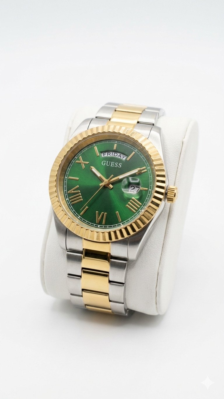 GUESS "Day-Date" Inspired Two-Tone Men's Watch (Green Dial)
