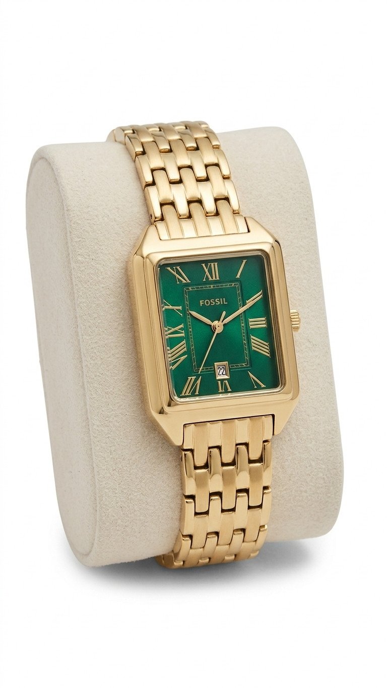 Fossil Carlie Rectangular Gold-Tone Stainless Steel Watch with Green Dial
