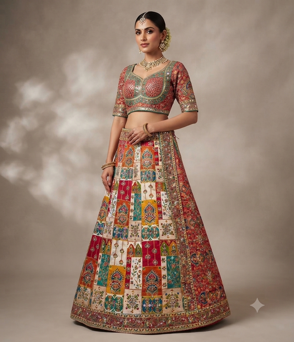 "Patchwork-Style Multi-Color Lehenga Choli with Mirror Work."