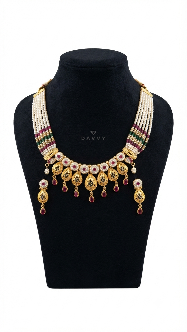 Davvy Multi-String Pearl and Gold Kundan Necklace Set with Earrings