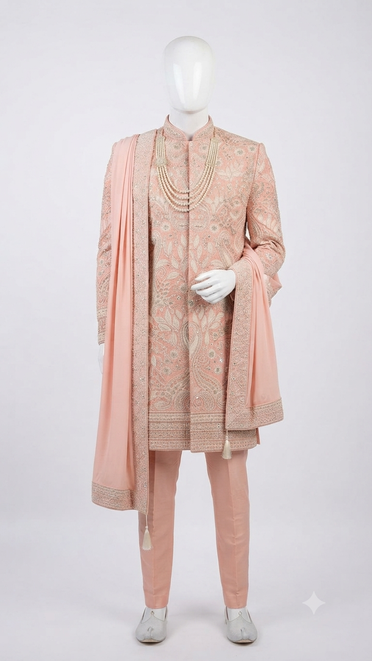 Peach Embroidered Sherwani Set