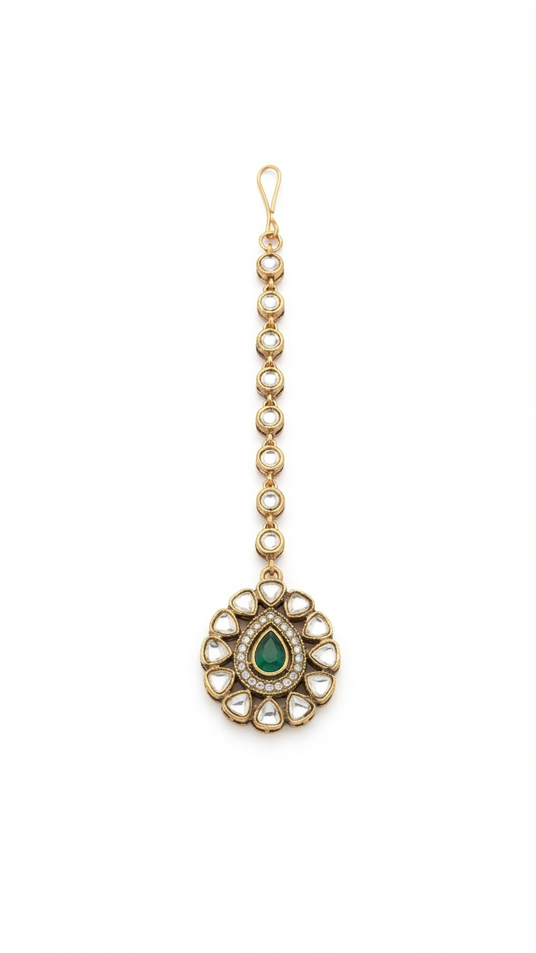 Kundan Maang Tikka with Green Center Stone