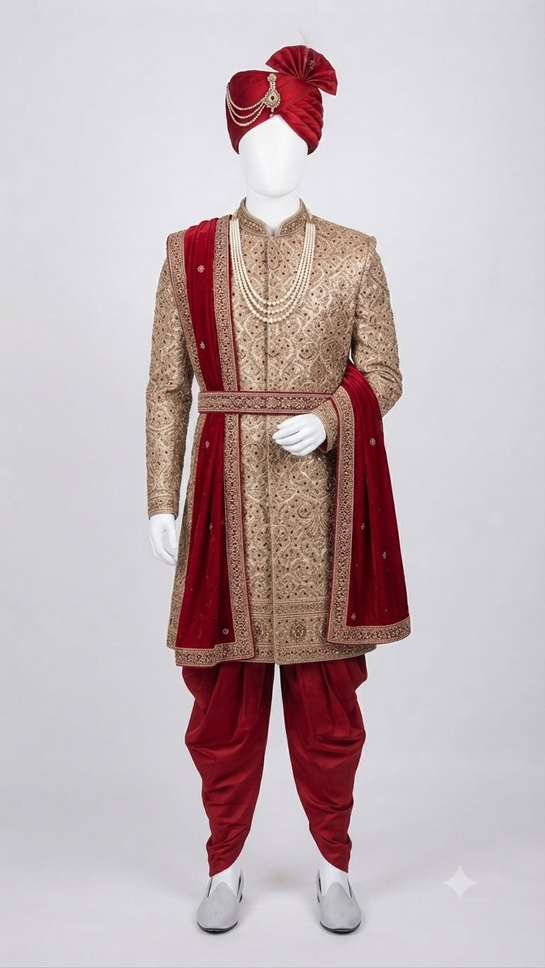 Gold and Maroon Traditional Indian Groom's Sherwani Set