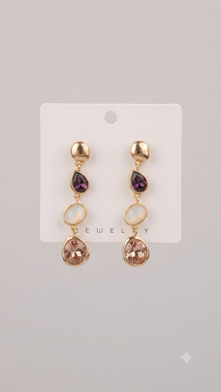 Gold-Tone Multi-Gemstone Three-Tier Drop Earrings