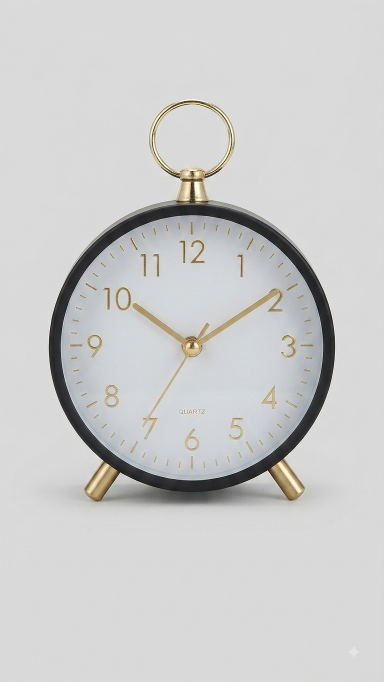 Black and Gold Round Table Clock with Ring Handle