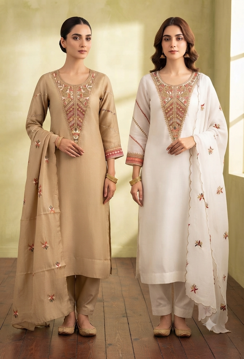 Embroidered Yoke Straight Kurta and Pant Set with Dupatta