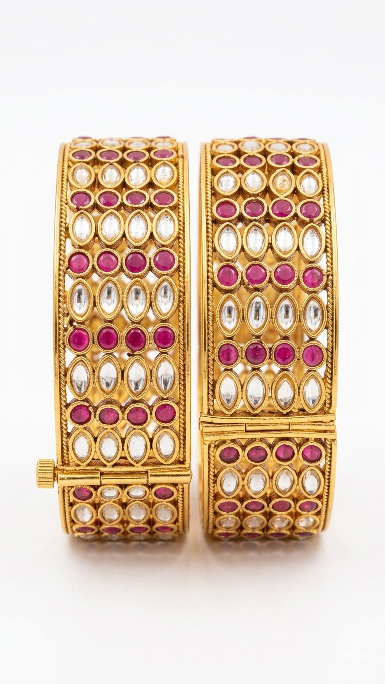 Antique Navaratna Hinged Screw-Clasp" Bangle Set
