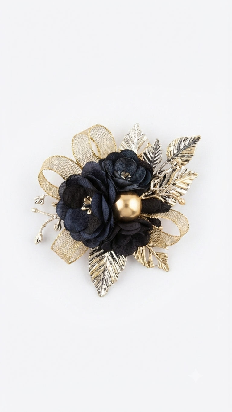 Midnight Bloom and Gilded Leaf Fabric Brooch