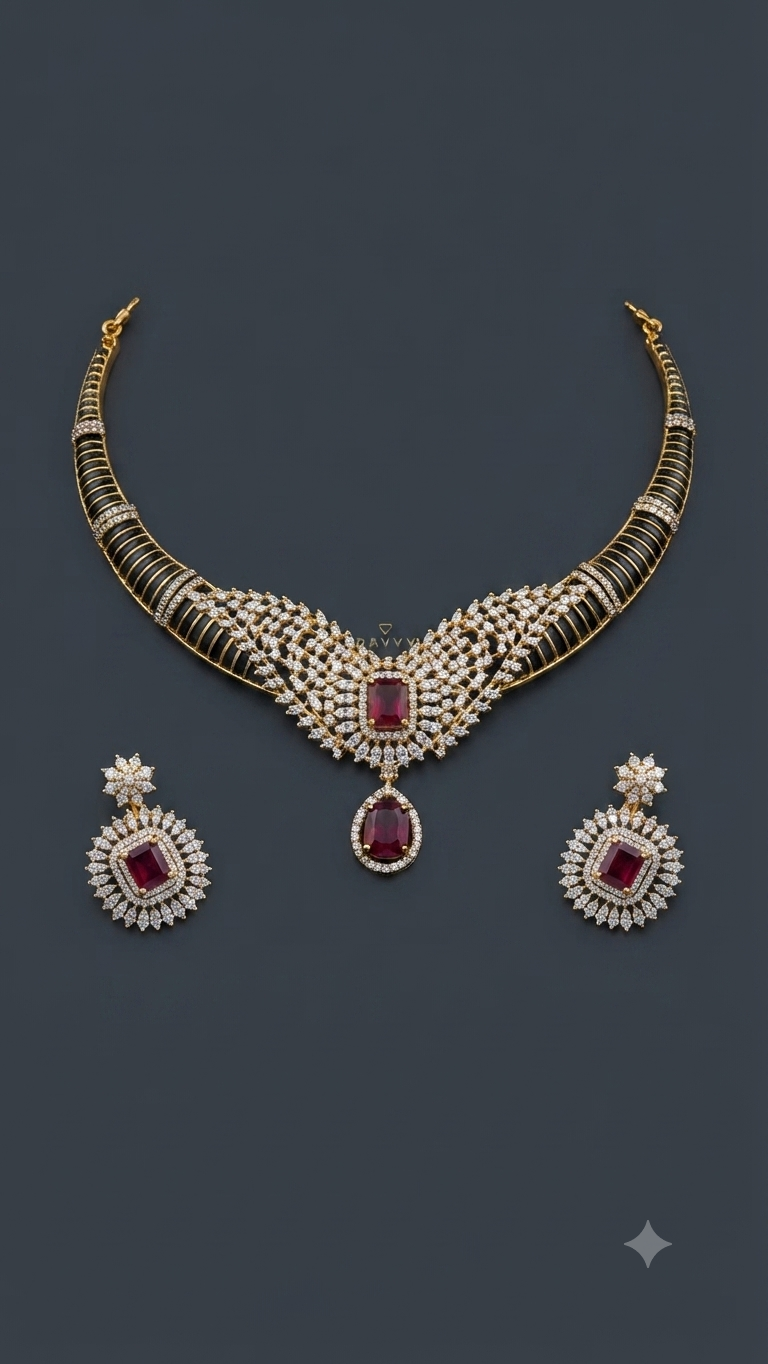 Dravy Gold-Plated Mangalsutra-Style Diamond and Ruby Jewelry Set