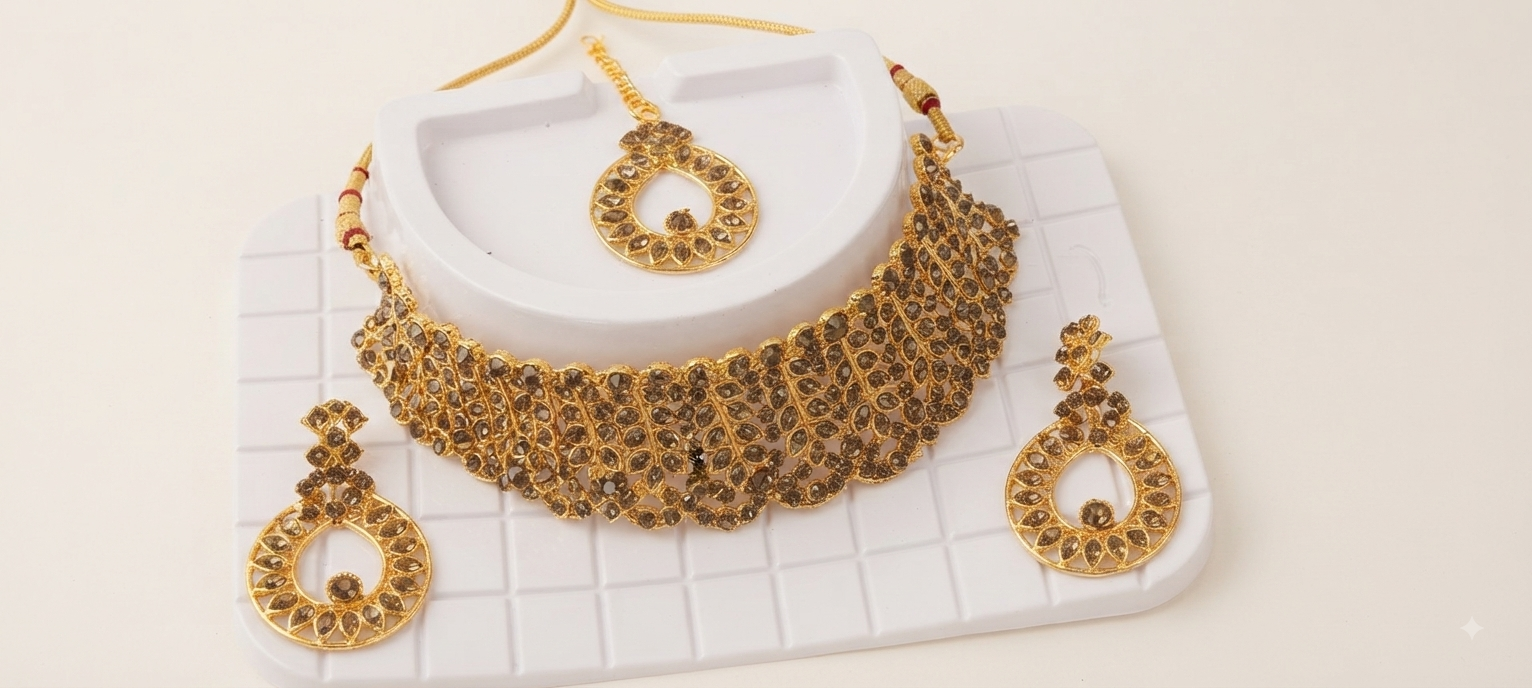 Traditional Indian Gold-Toned Kundan & Smoky Stone Choker Necklace Set with Maang Tikka