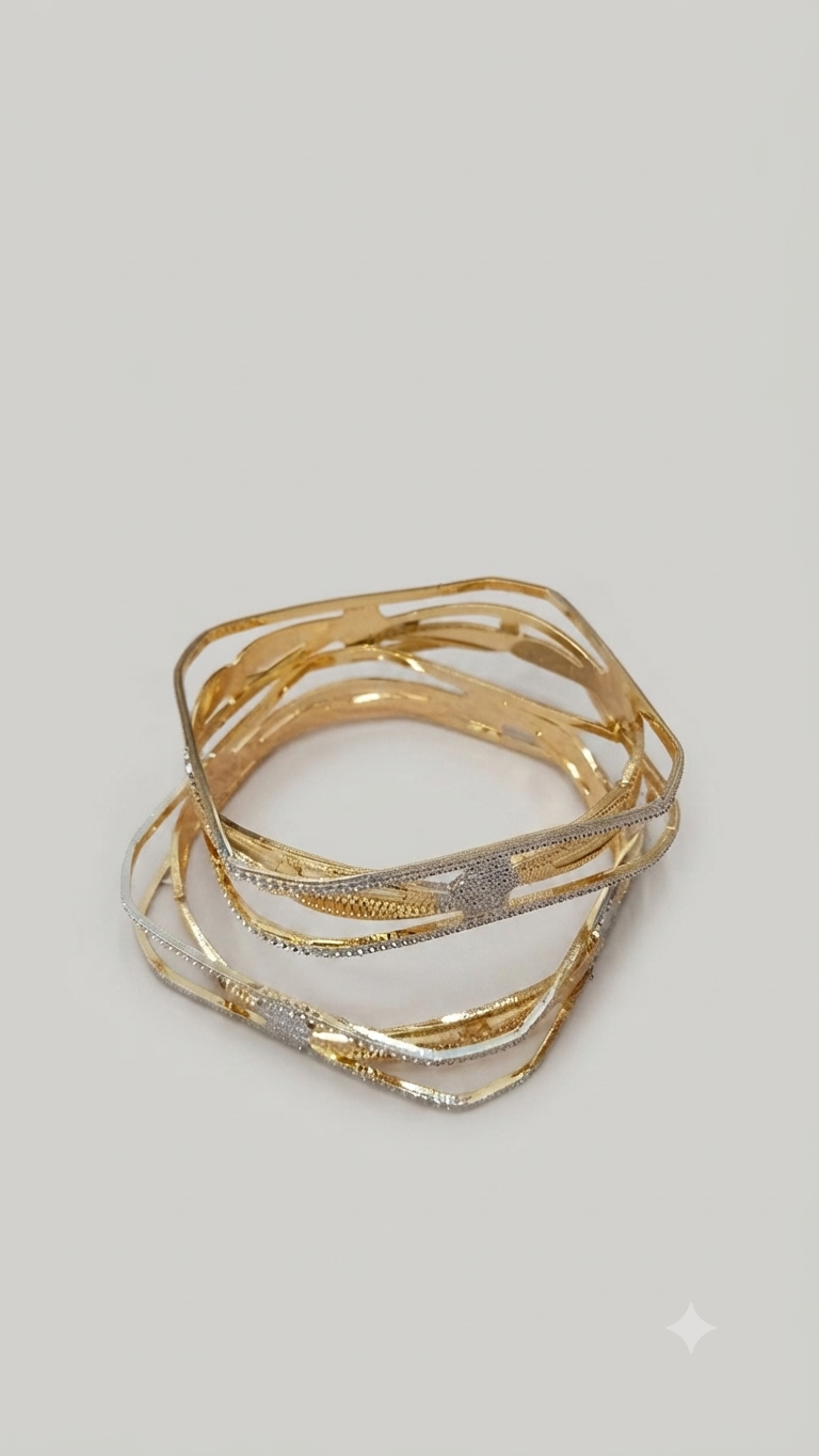 Geometric Intertwined Gold and Silver Pave Bangles