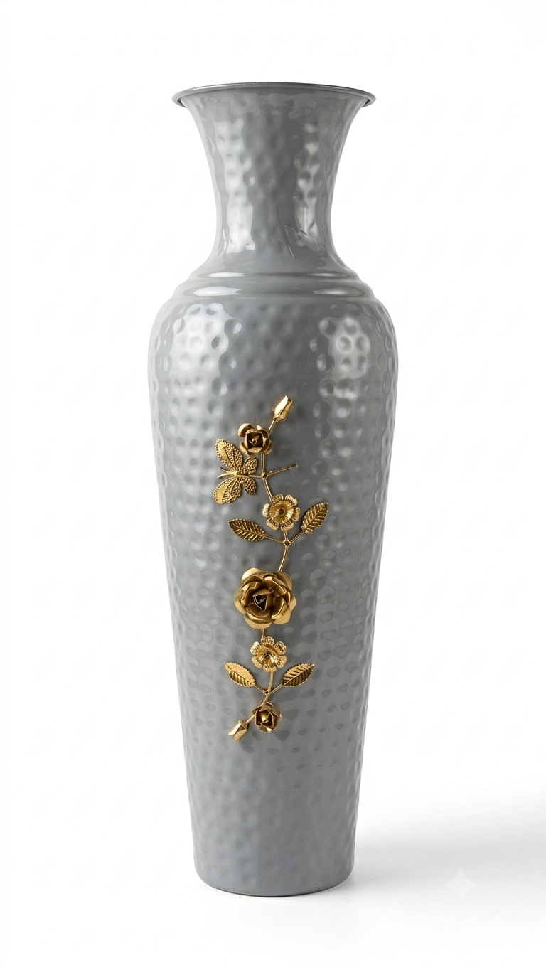 Grey Hammered Metal Floor Vase with Gold Floral Relief
