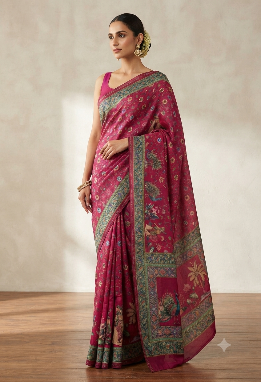 The Magenta Kalamkari-Inspired Peacock and Flora Silk Saree