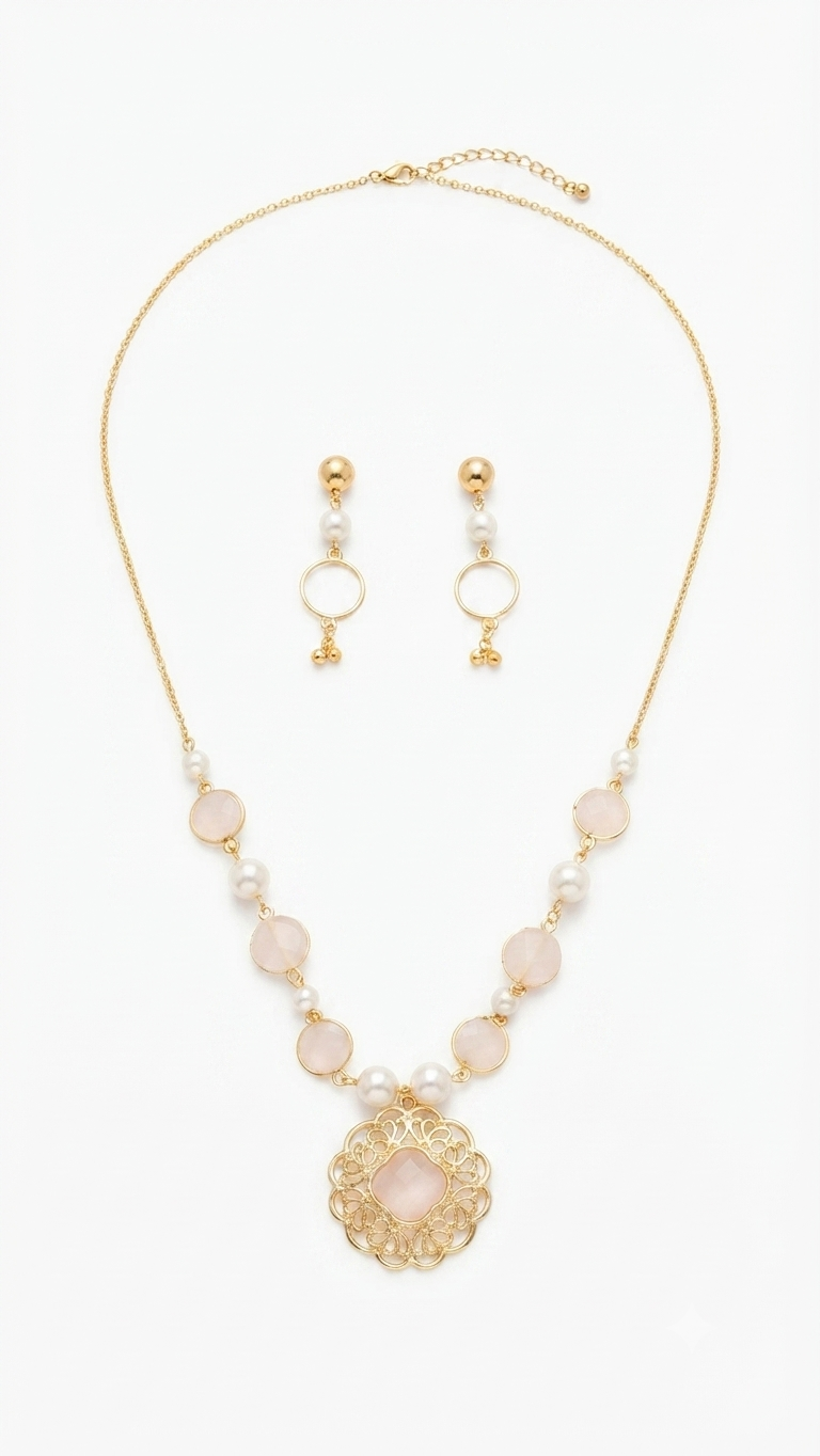 Gold-Tone Filigree Pendant Necklace and Earring Set with Pink Quartz and Pearls
