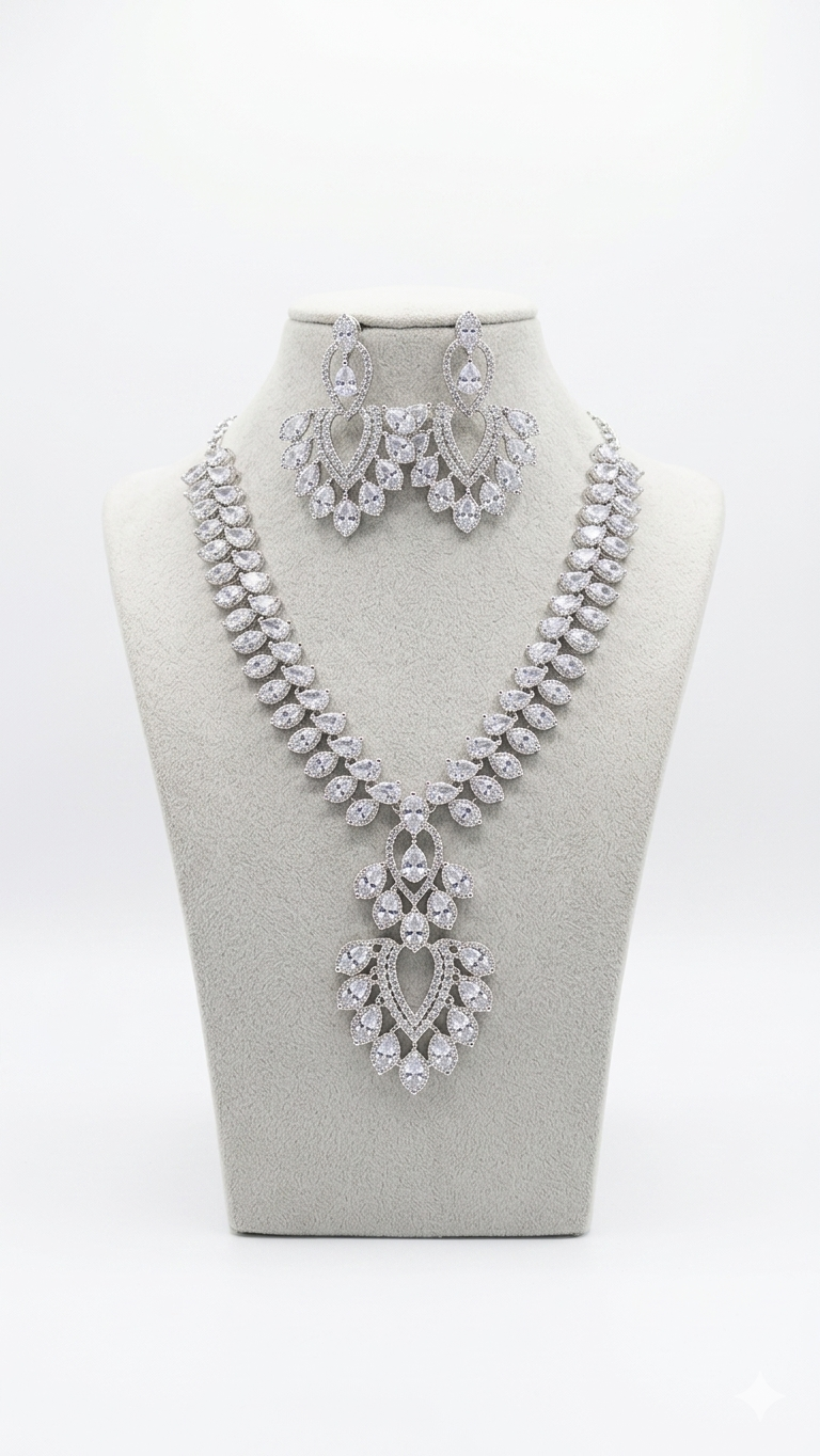This type of jewelry is typically classified as a CZ (Cubic Zirconia) necklace set or a bridal stone jewelry set