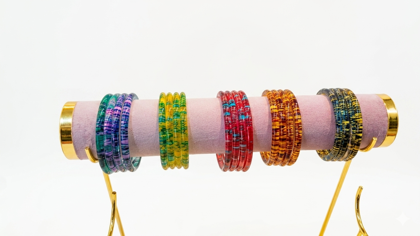 Multicolor Textured Acrylic Bangles or Stripe-Patterned Glass/Resin Bangle Sets