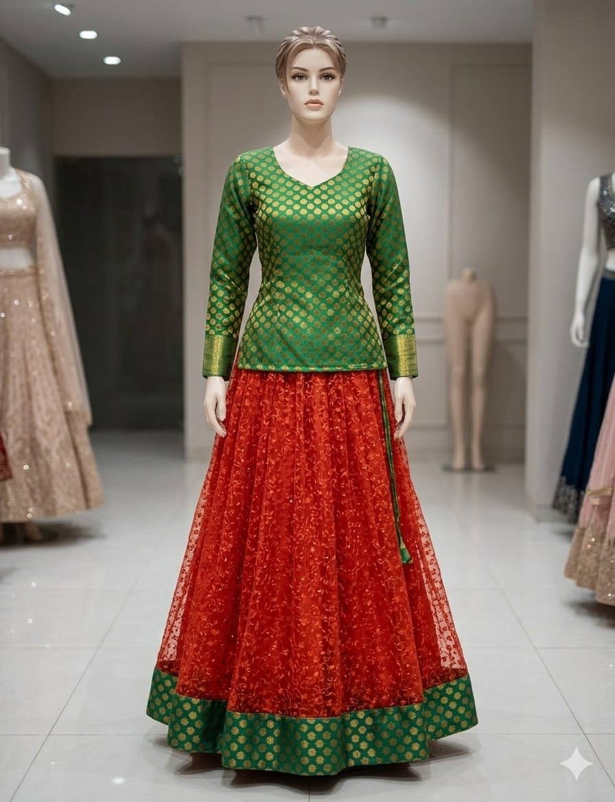 Traditional Green and Red Brocade and Net Lehenga Choli / Festive Gown (Available on Rent)