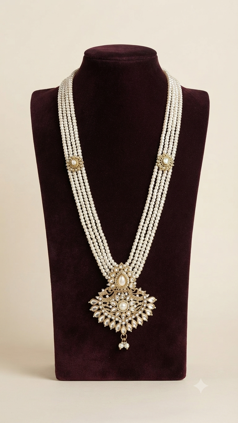 Multi-strand Kundan and Pearl Long Necklace Set