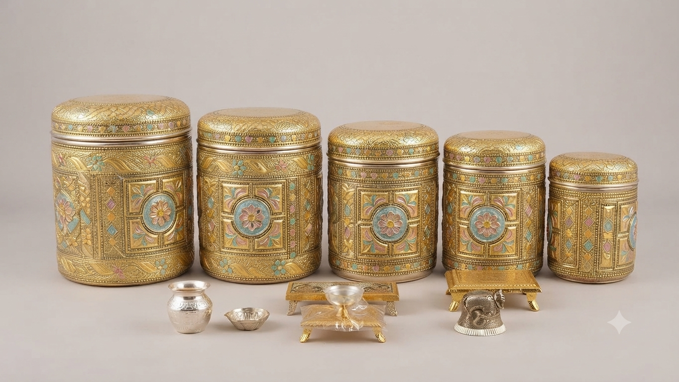 Royal Gold & Enamel Lotus Canister and Puja Set