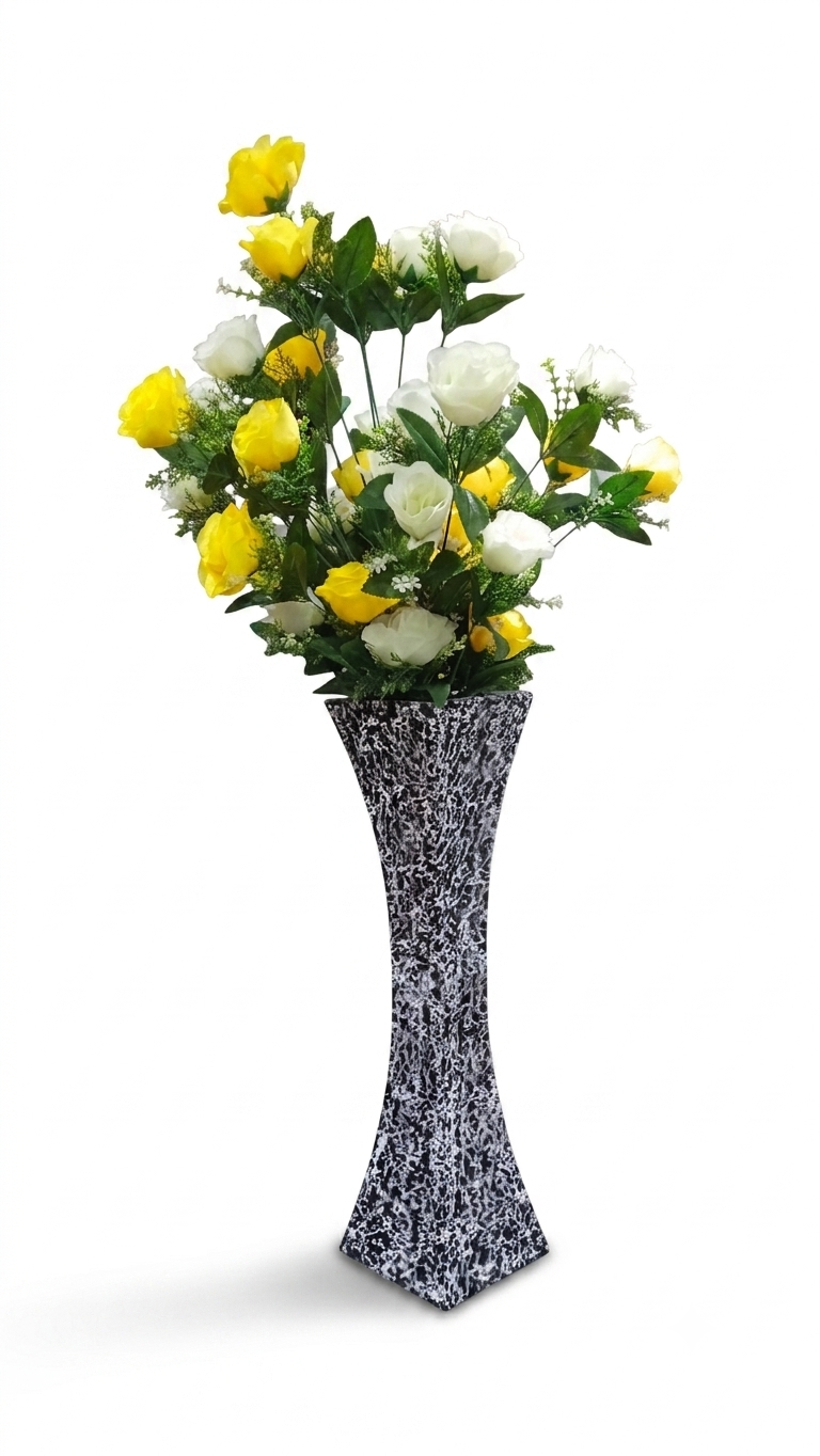 Modern Twisted Speckled Vase with Faux Yellow and White Roses