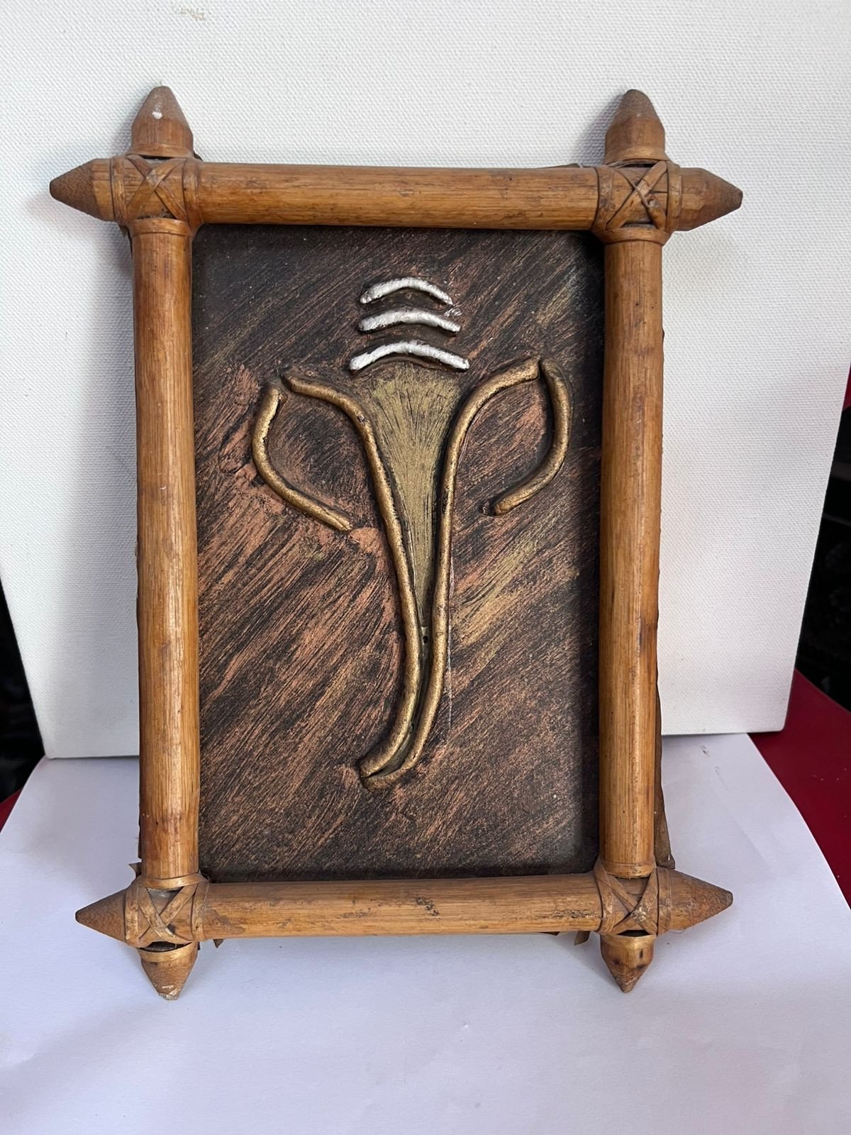 Bamboo-Framed Ganesha Relief Wall Art